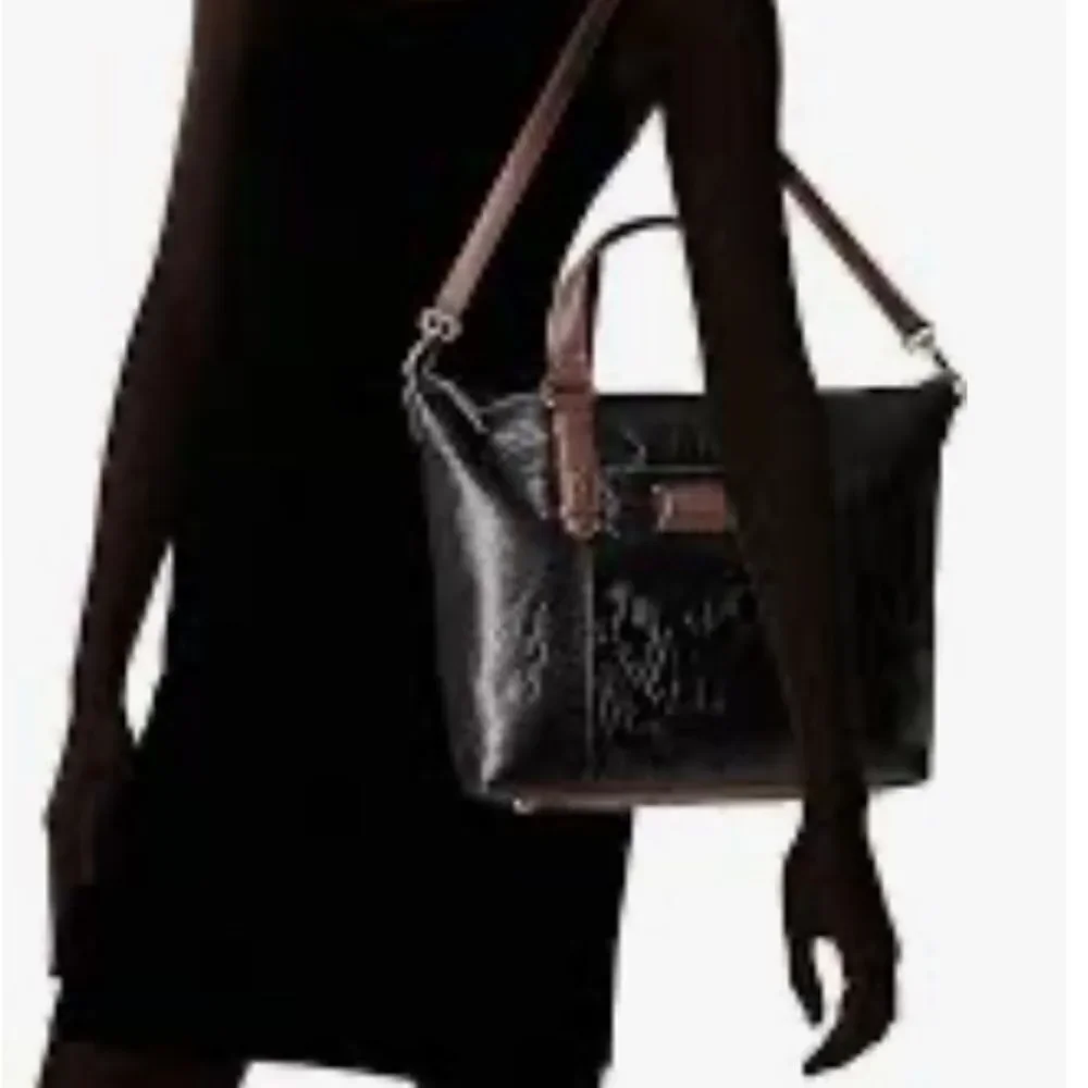 Tignanello Black Leather Brown Palm Leaf Embossed Hobo Purse Tote New No Tags